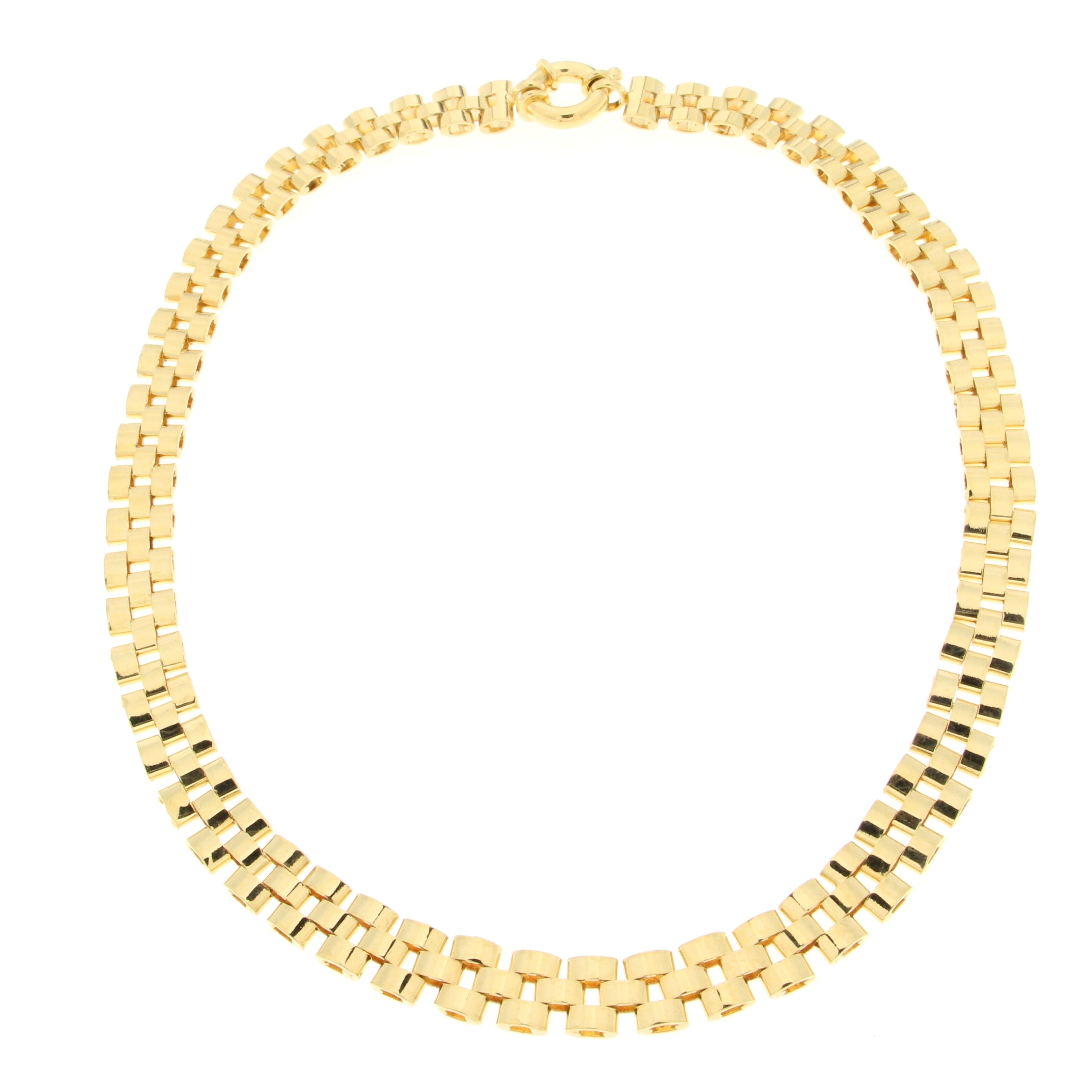 Elegant gold-toned necklace featuring a unique flat link design with alternating shiny and matte finishes, secured with a lobster clasp.