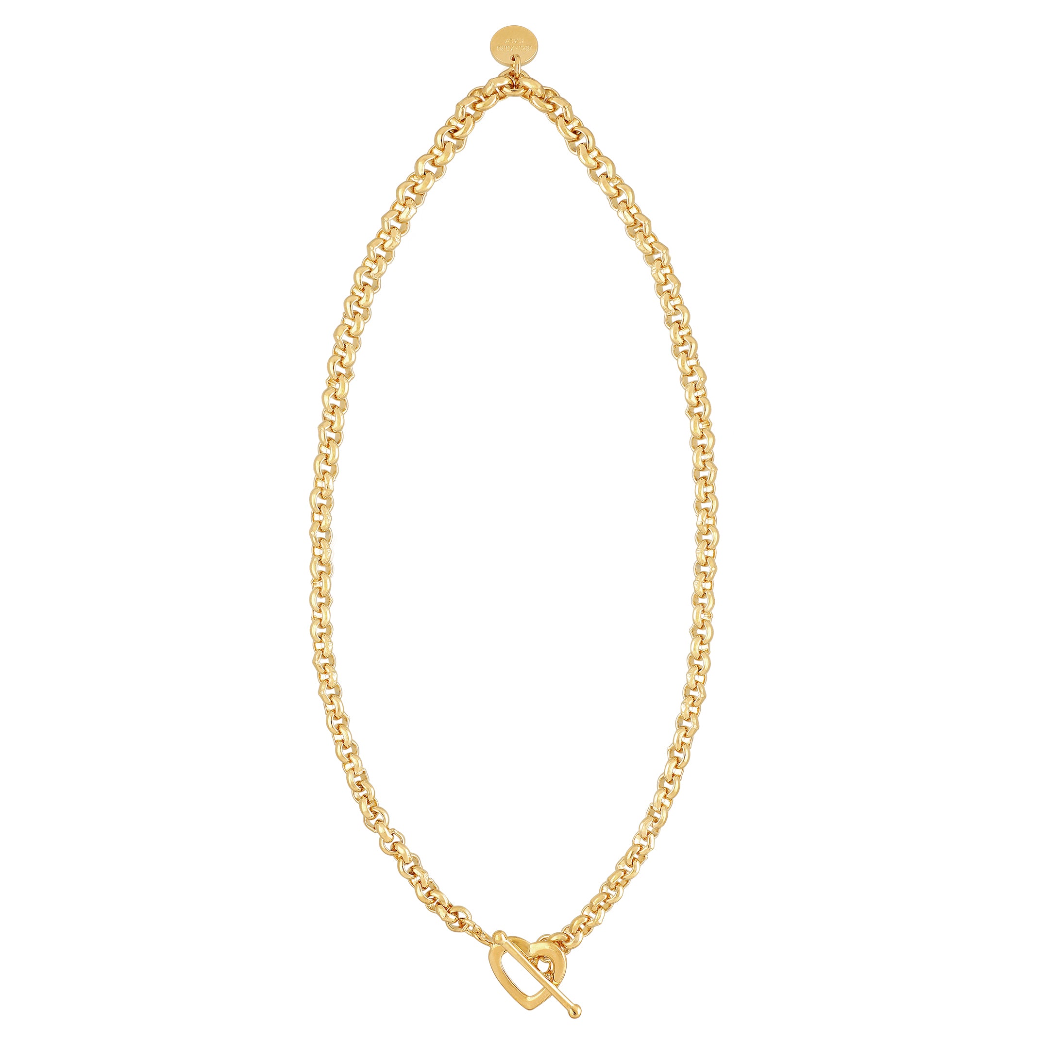 Elegant gold necklace featuring a classic chain link design with a twist pattern and a decorative toggle clasp.