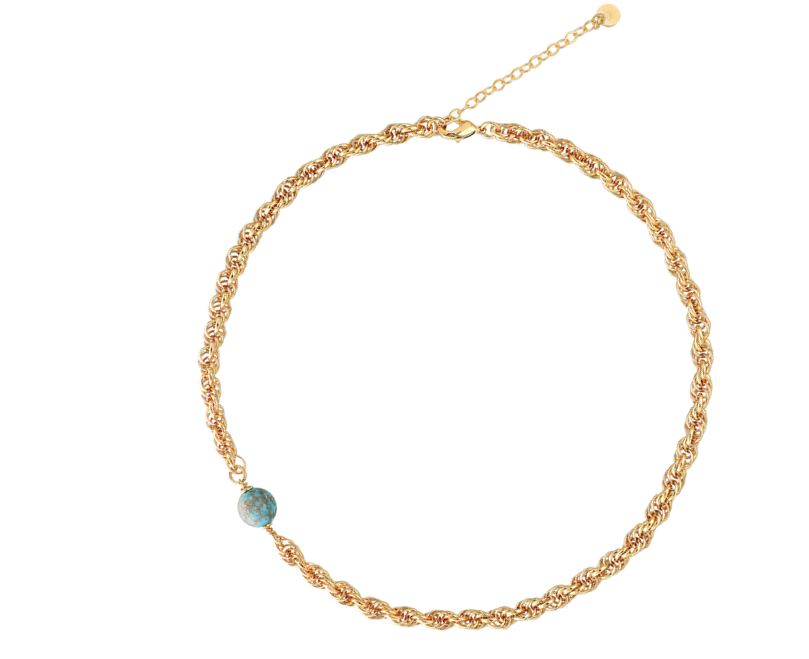 Delicate gold chain necklace with a twisted design and a single turquoise bead, featuring an adjustable clasp for customizable length.