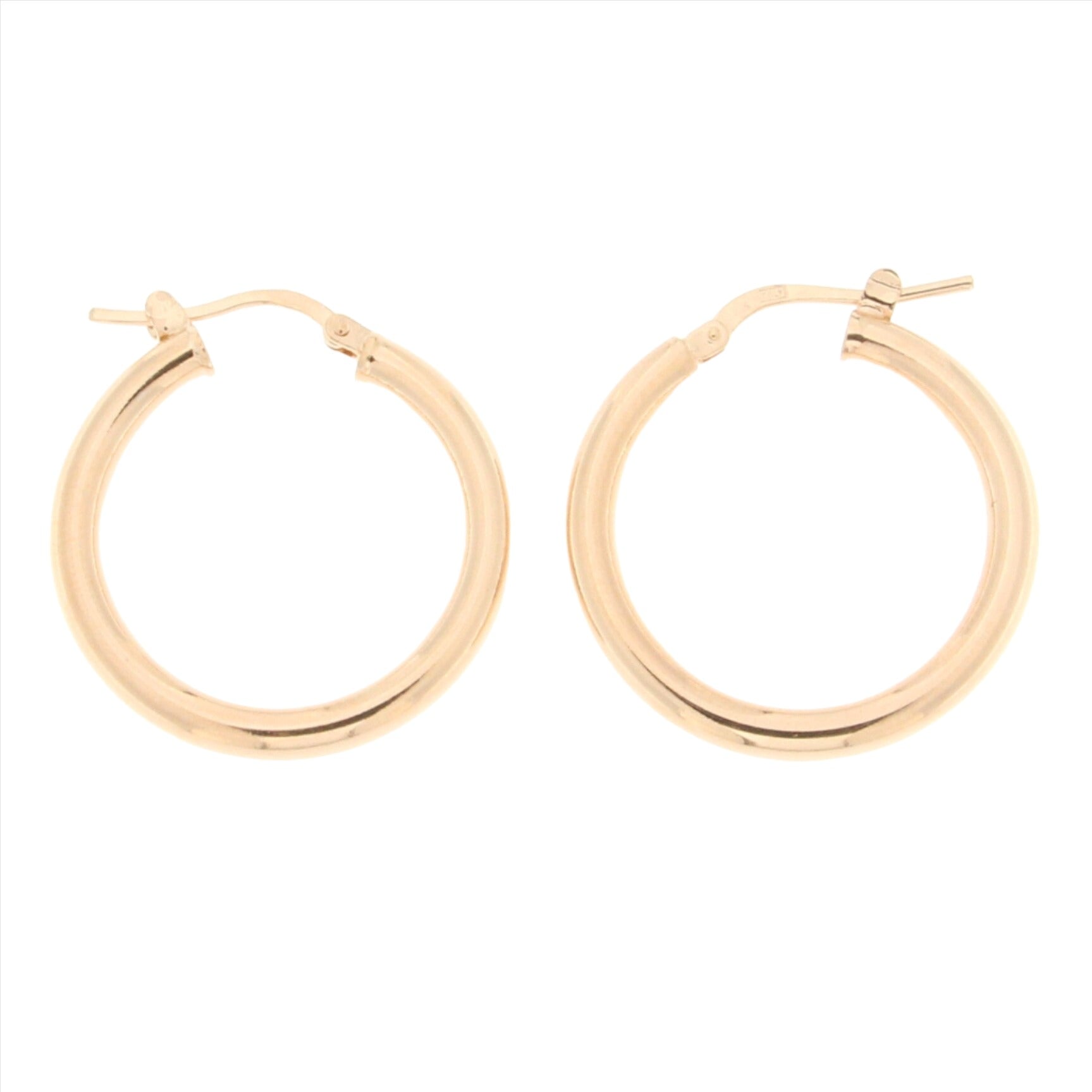 Stylish rose gold-tone hoop earrings featuring a classic round design. These medium-sized hoops have a smooth, polished finish that adds a touch of elegance to any outfit.