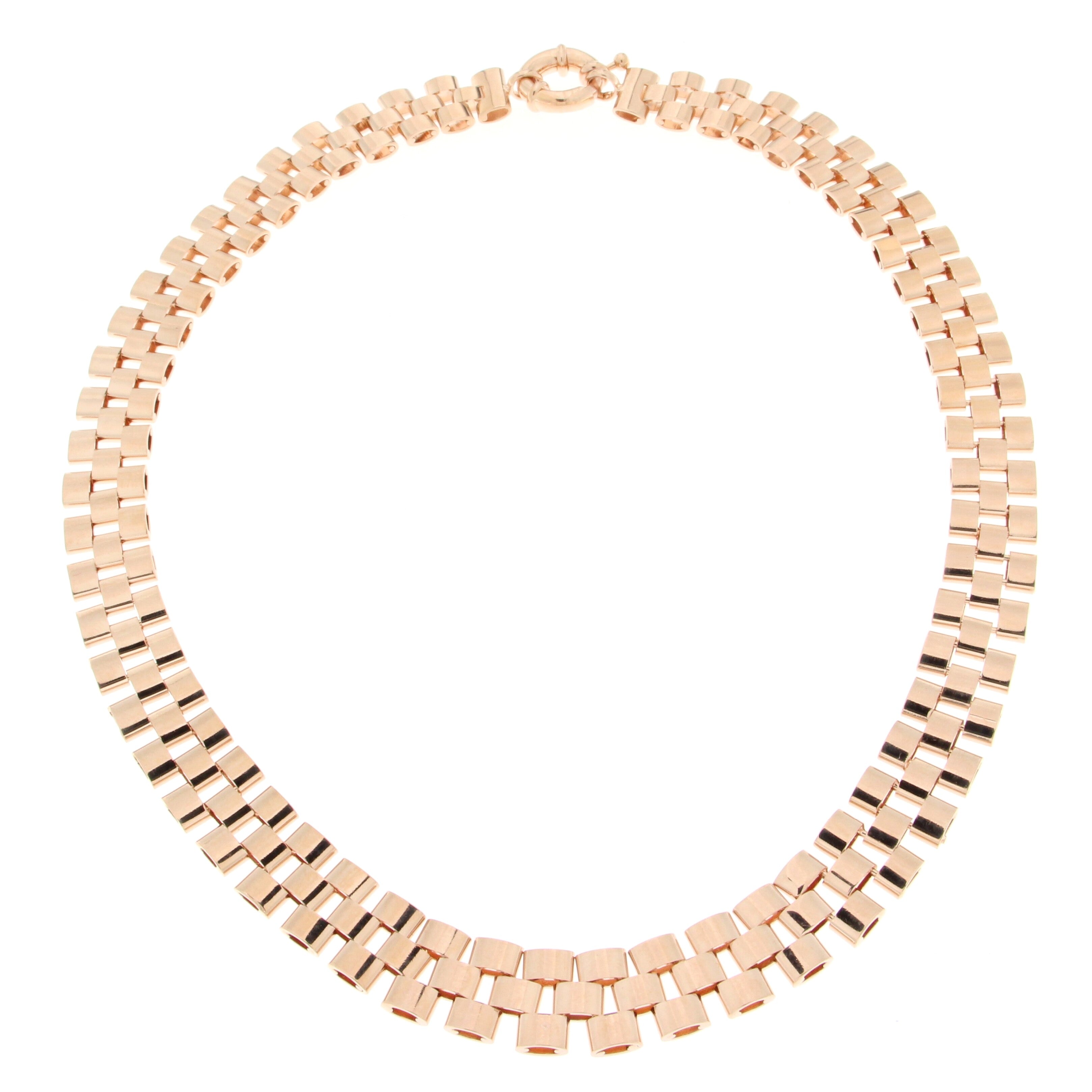 Elegant rose gold necklace featuring a flat link design with alternating square-shaped links, secured with a lobster clasp.