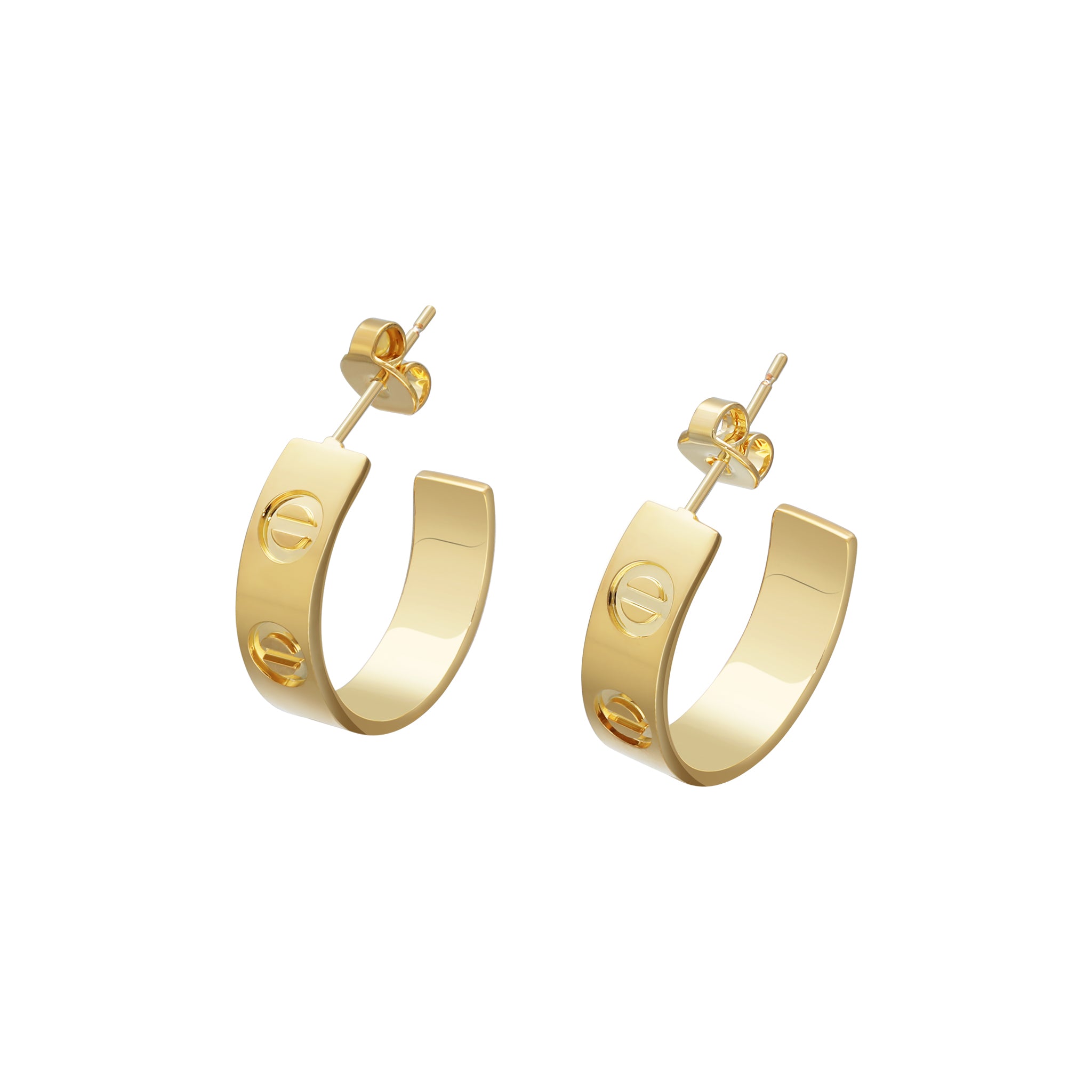 A pair of elegant gold hoop earrings featuring a sleek, minimalist design. The hoops are adorned with small circular cutouts that add a unique touch to the classic shape. They have a polished finish that enhances their shine, and a secure post-back closure ensures comfortable wear.