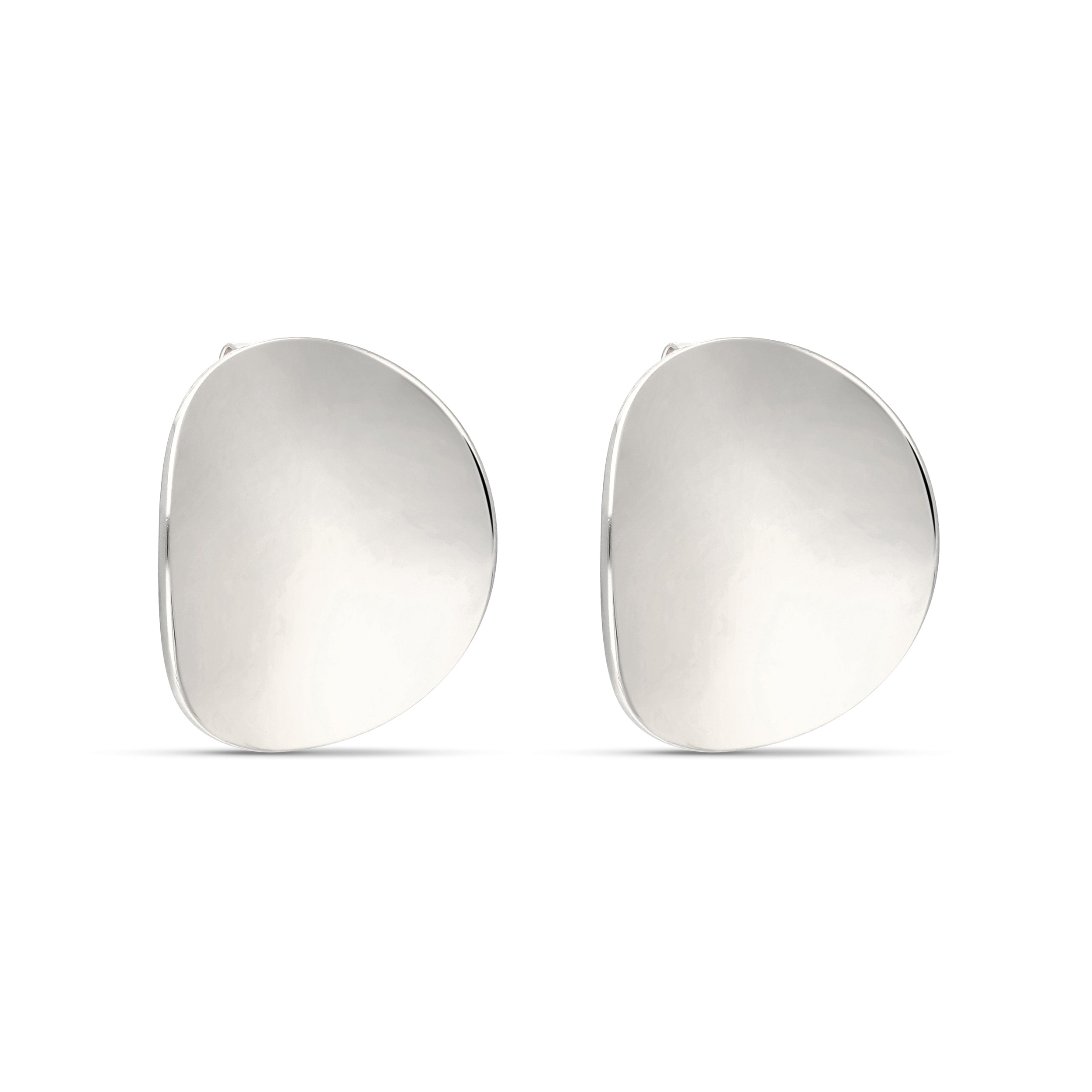 A pair of polished silver stud earrings featuring a smooth, organic shape reminiscent of a pebble or stone. The earrings have a shiny finish that reflects light, giving them an elegant and modern appearance. The back of the earrings shows the post mechanism for securing them in place, making them suitable for everyday wear or special occasions.