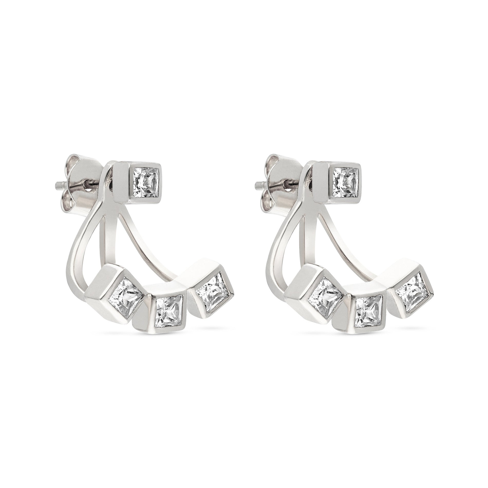 A pair of silver stud earrings featuring a modern design with five square-shaped cubic zirconia stones set in a curved, open frame. The earrings have a sleek, polished finish and are designed to resemble a flowing shape, adding a contemporary touch to the accessory. 