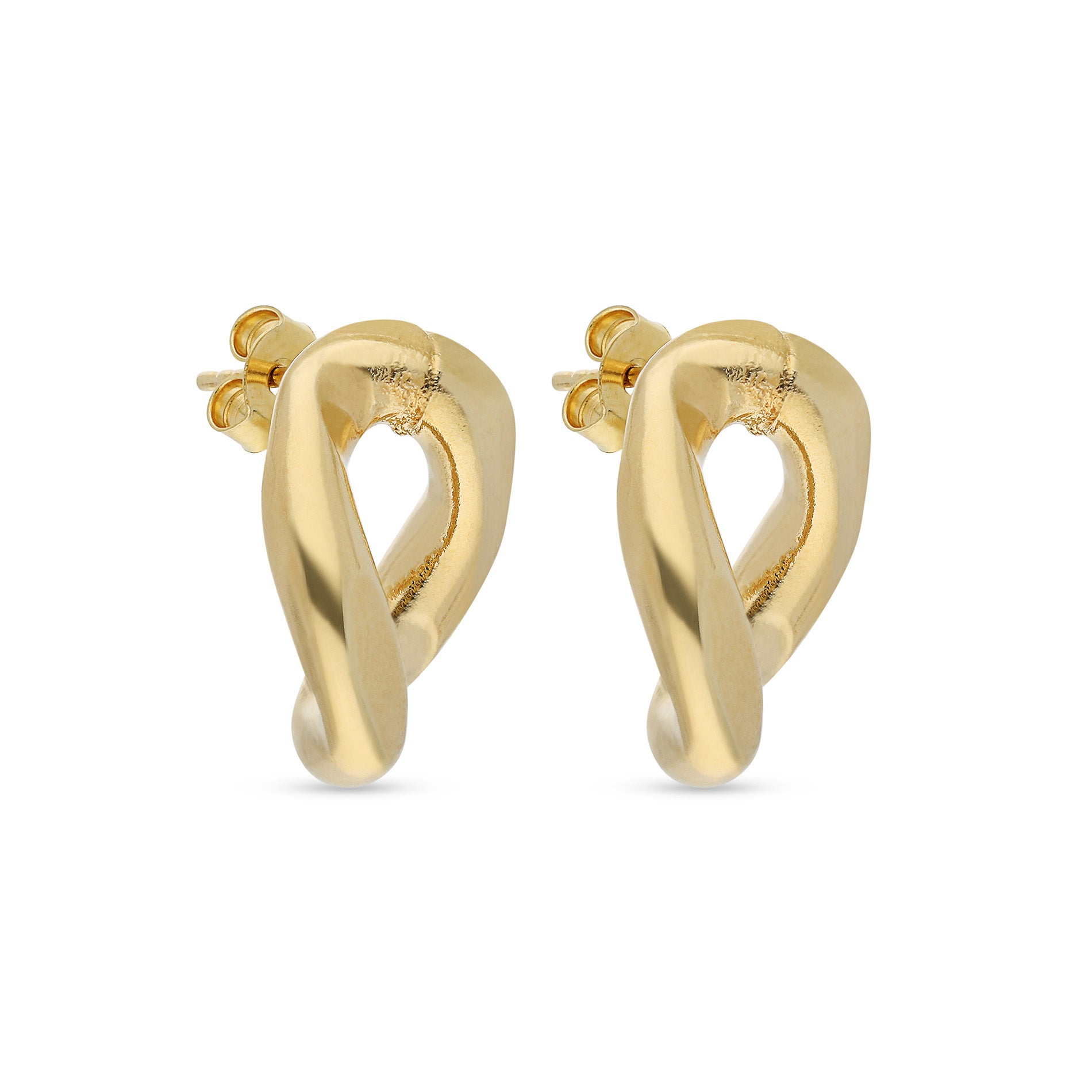 A pair of elegant gold-tone earrings featuring a unique twisted design. The earrings are shaped like stylized loops, creating an eye-catching three-dimensional effect. The polished finish enhances the luxurious look, making them a perfect accessory for formal occasions or everyday wear. Each earring is secured with a stud back for comfortable wear, highlighting their modern aesthetic and artistic flair.