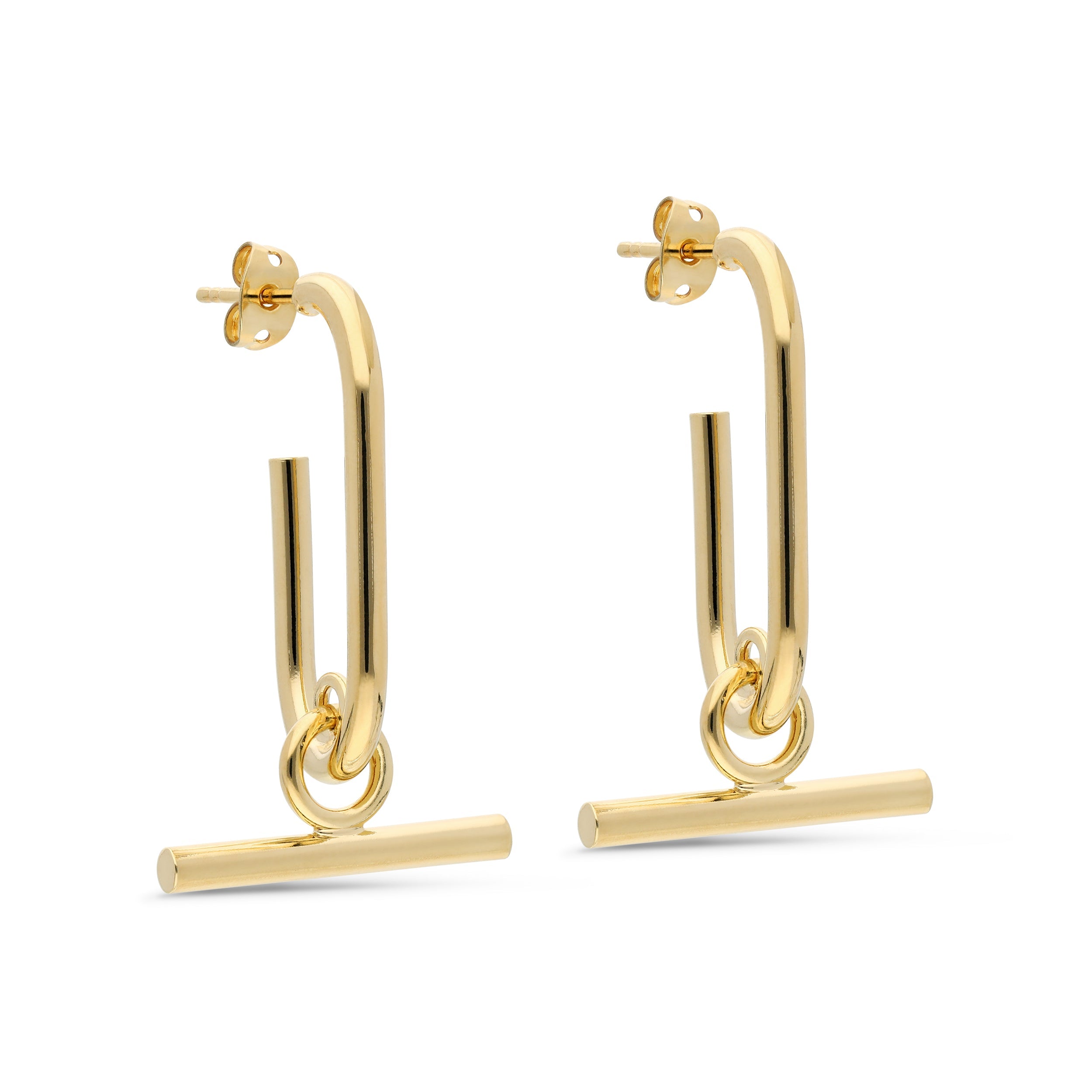 Stylish gold-tone earrings featuring a contemporary design with elongated bar shapes. The earrings consist of a vertical bar attached to a circular link, leading to a horizontal bar at the bottom, creating a modern and sophisticated look. Perfect for adding a touch of elegance to any outfit.