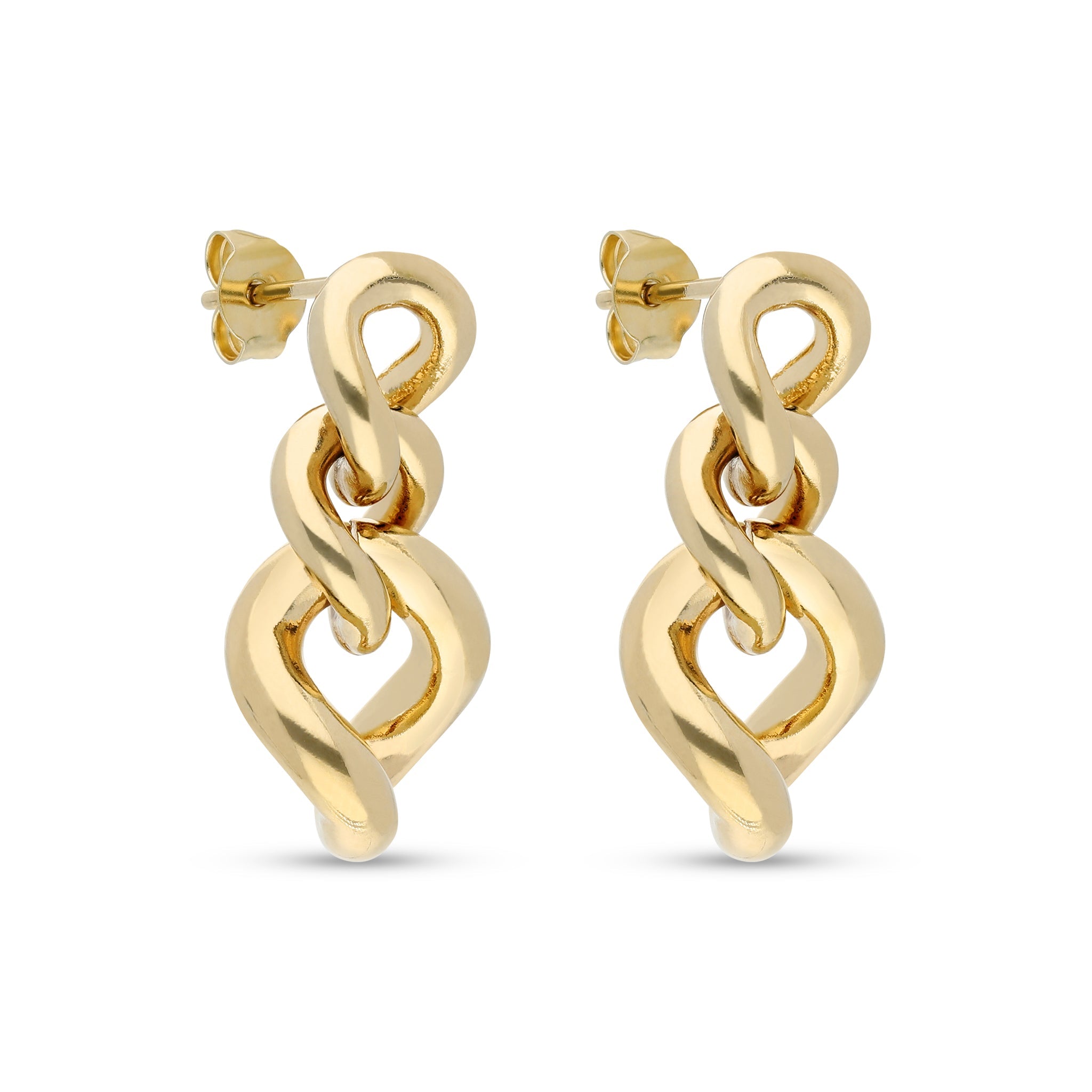 A chic pair of gold-tone earrings featuring a modern interlocking design. Each earring showcases a series of smooth, twisted links that create an elegant, flowing look.