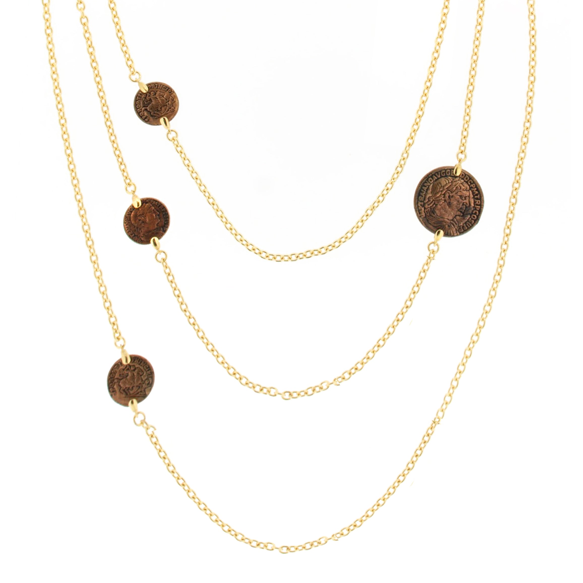 Gold layered necklace featuring multiple delicate chains adorned with round bronze coins, showcasing intricate designs for a vintage aesthetic.