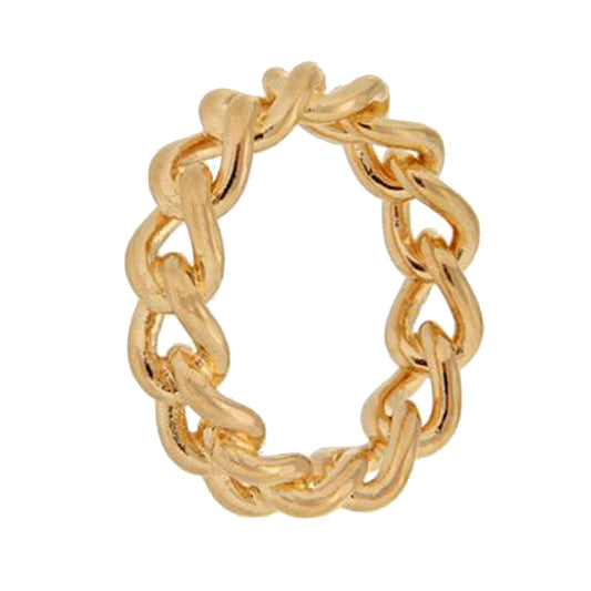 A stylish gold ring designed with interlocking chain links, creating a bold and contemporary look. The ring features a smooth, polished finish that catches the light beautifully, giving it an elegant shine. Its unique design makes it a standout accessory, perfect for adding a modern touch to any outfit.