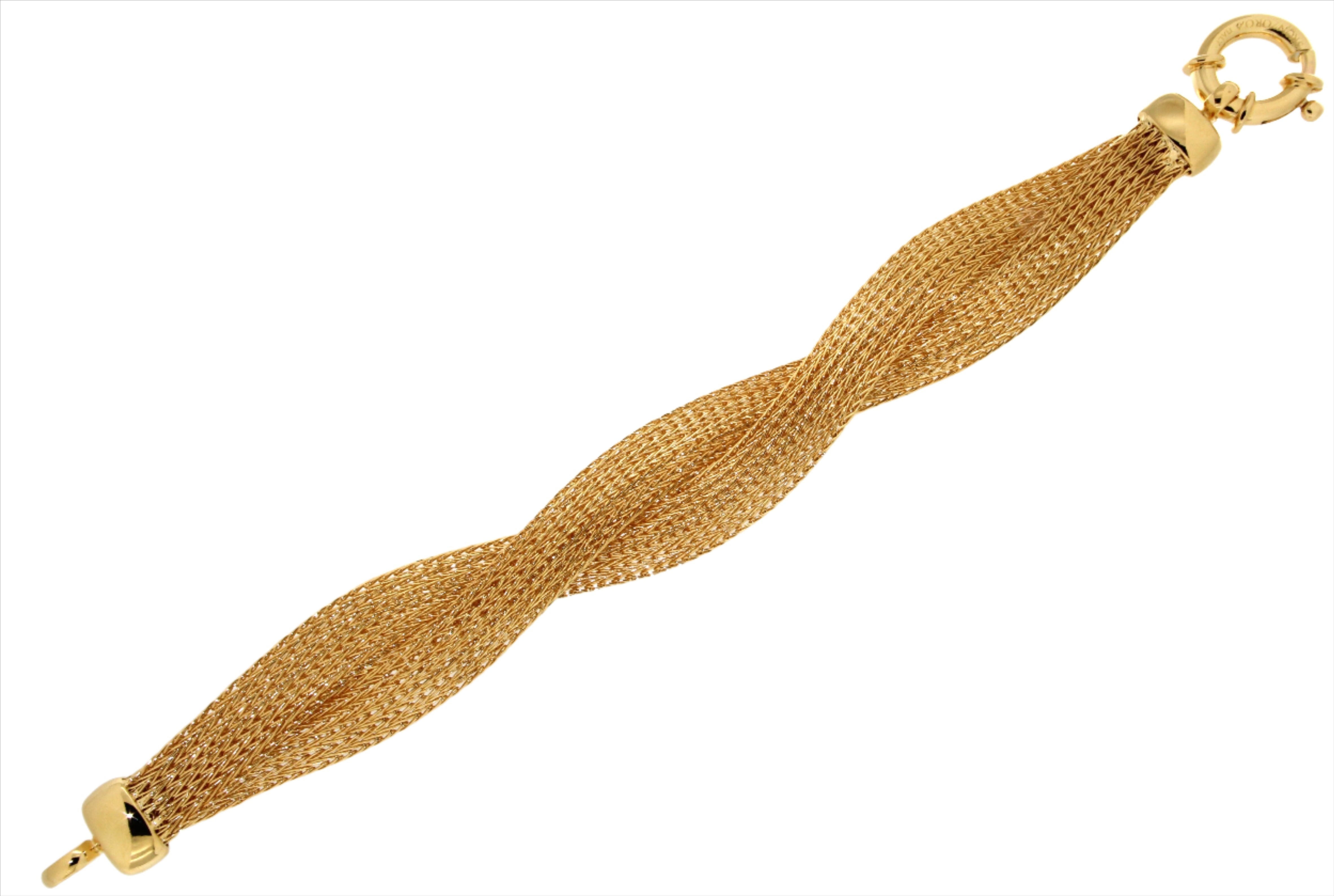 A gold bracelet featuring an intricate woven design, showcasing a twisted and textured appearance. The bracelet is secured with a decorative lobster clasp, and the ends are finished with polished caps, enhancing its elegant style.