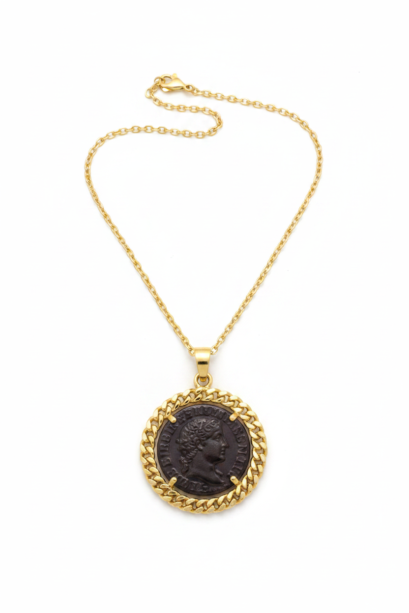 Antique Coin Pendant with Curb Chain Bezel - White Background