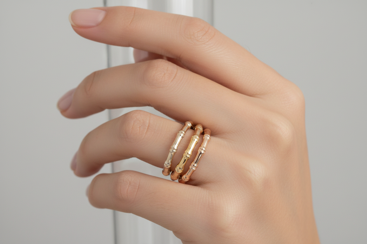 Bamboo Trio Set Stacking Rings on Model