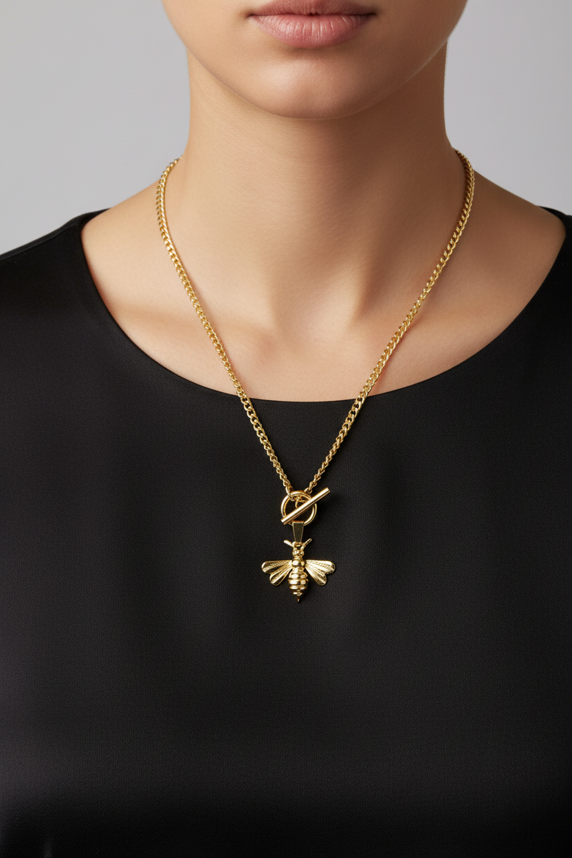 Bee on Curb Link Chain Toggle necklace on model