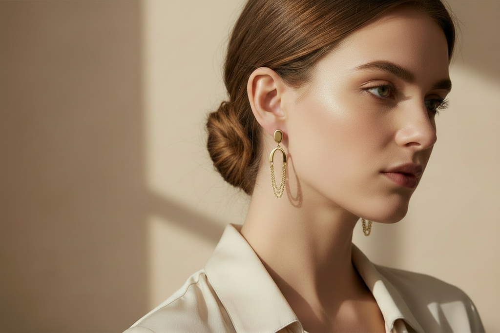 Polished Stud Drop Earrings With Chains