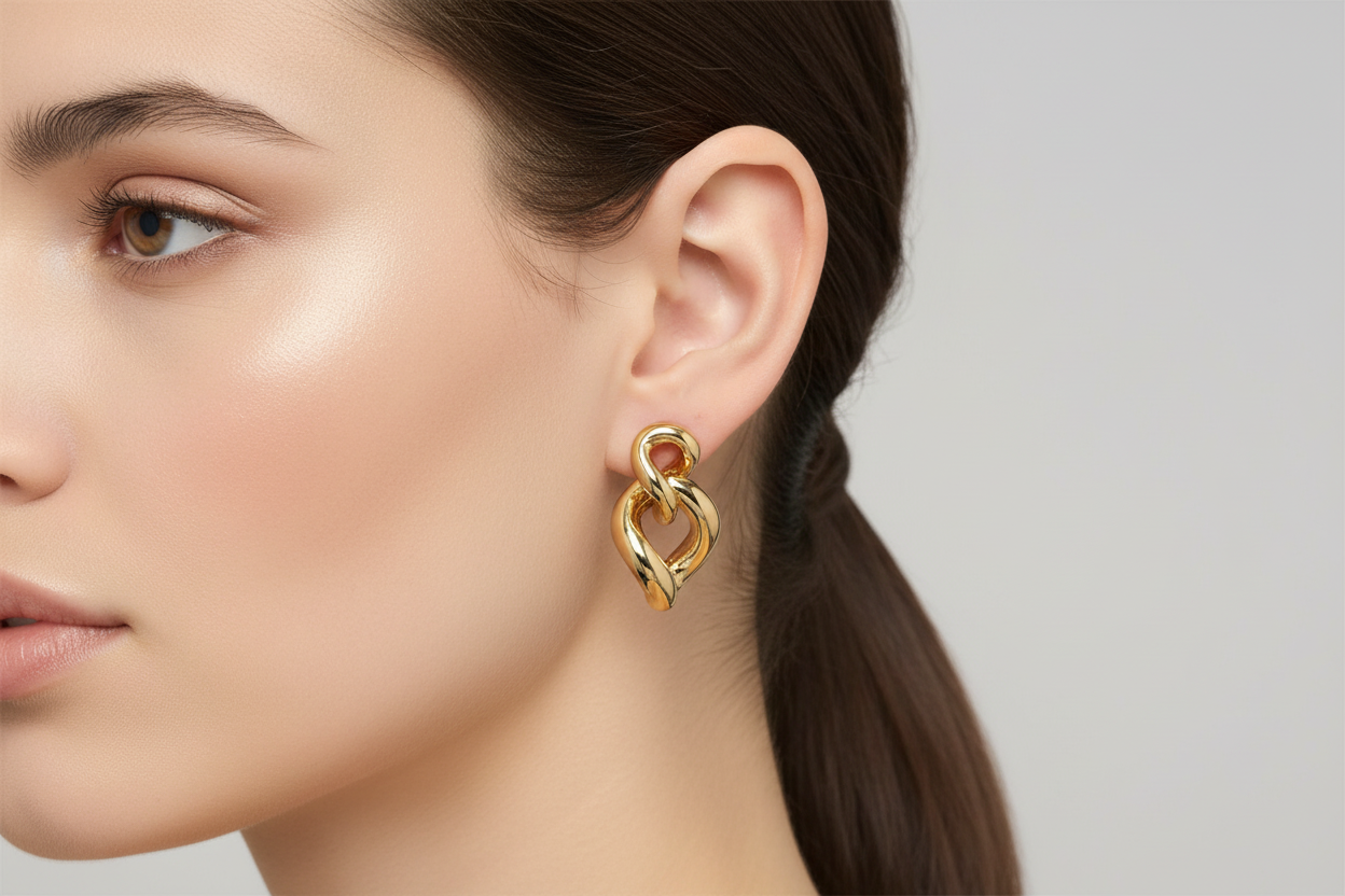 Chunky double chain link earrings on model - smaller