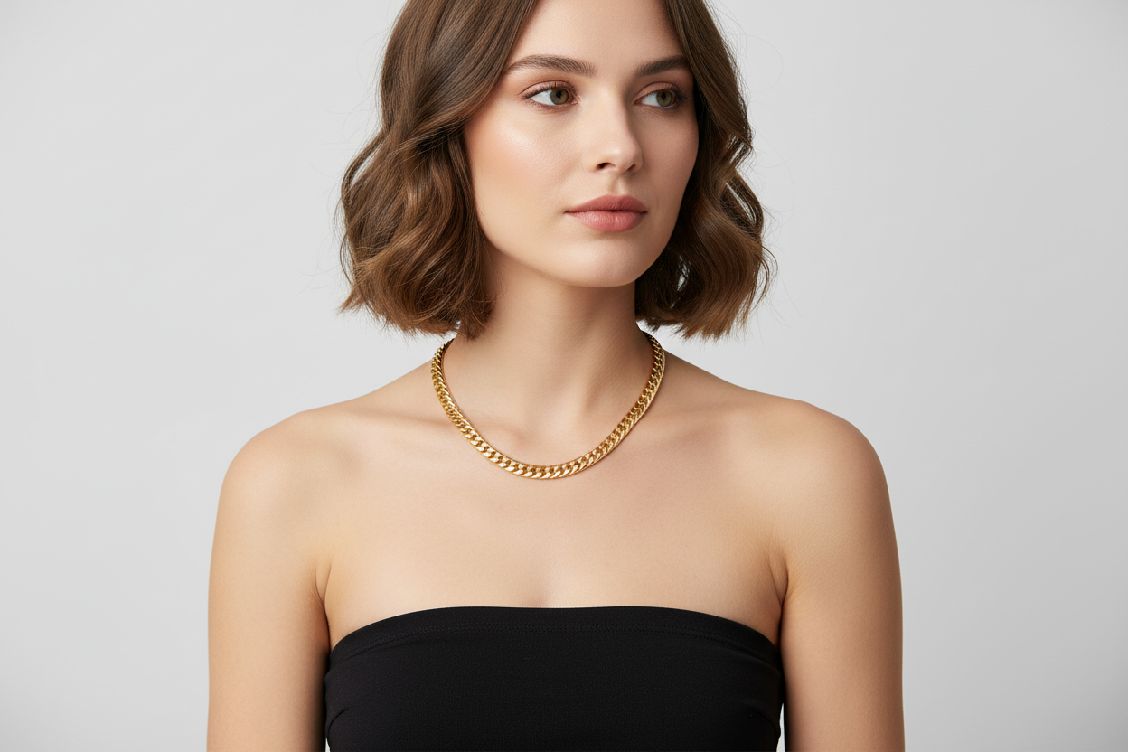 Cuban link necklace on female model
