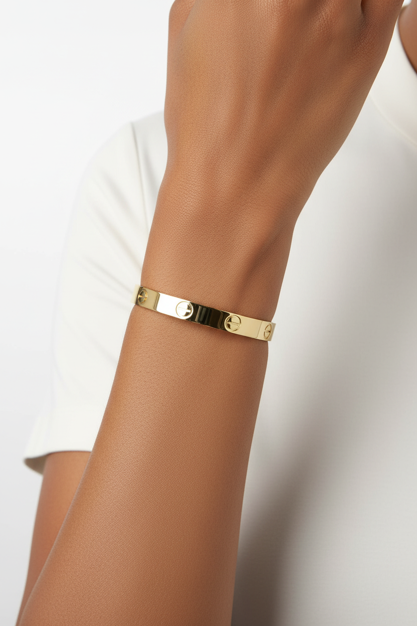 Diverse model wearing gold screw motif cuff bangle