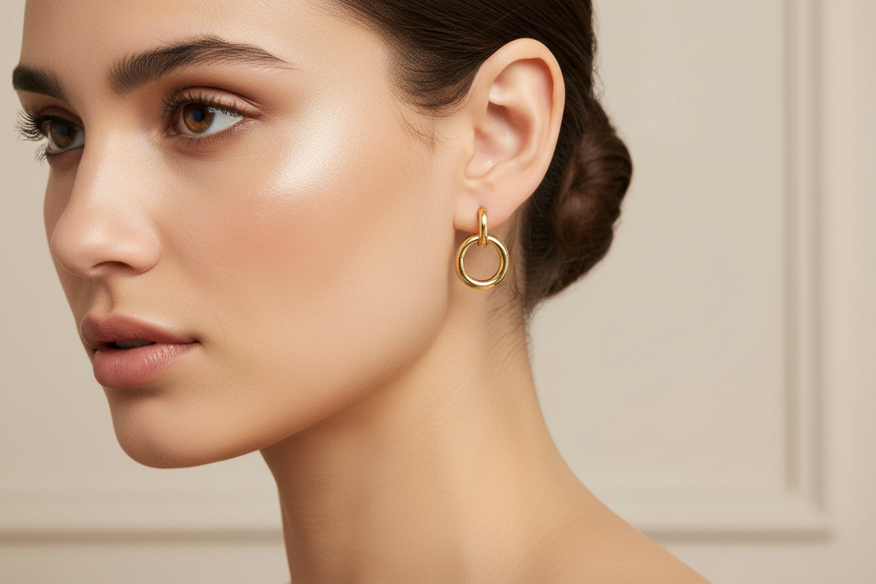 Door knocker stud earrings on model - petite size