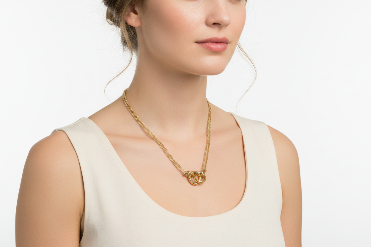 Double Rolo Link Necklace with Double Ring Pendant - 18 inch on Model