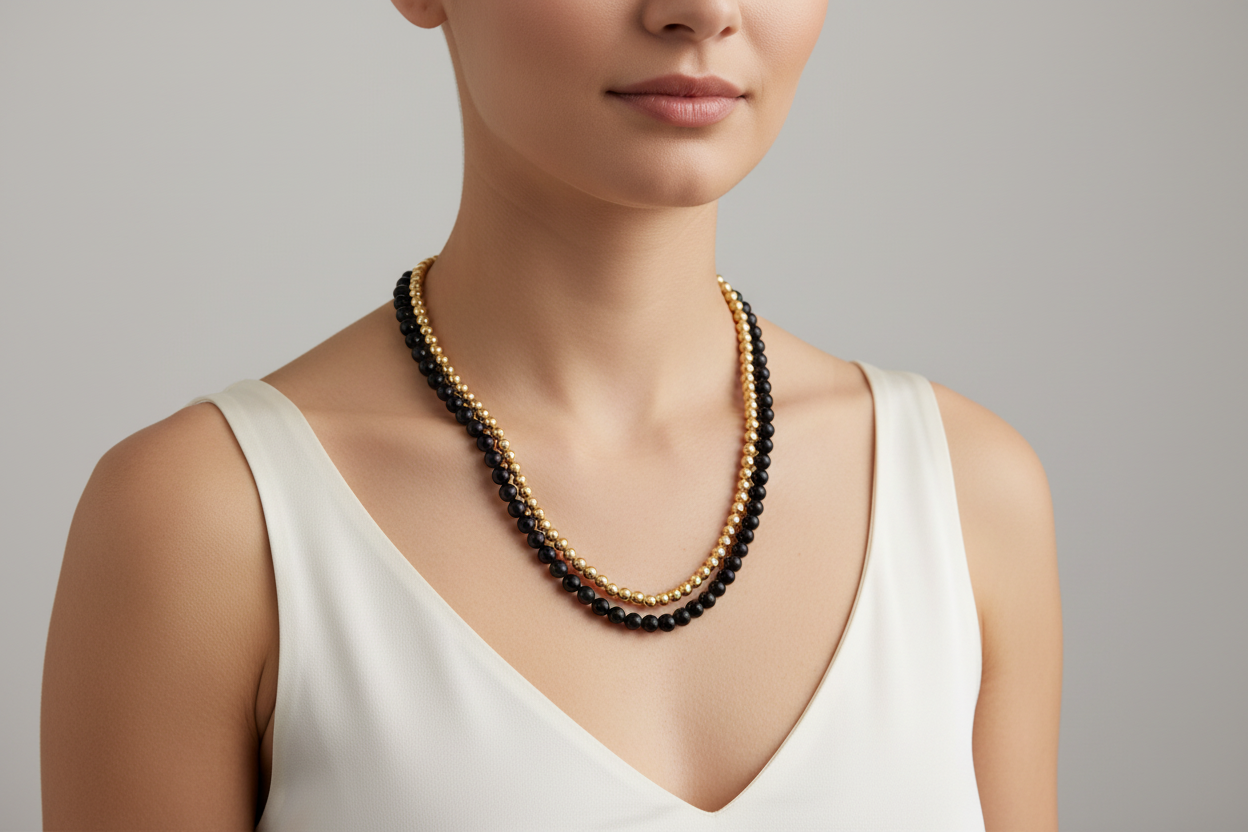 Double Strand Black & Gold Bead Necklace on Model