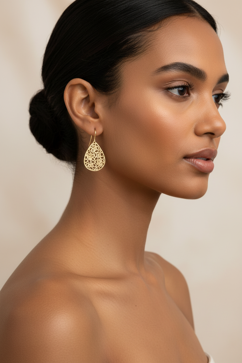Filigree Teardrop Earrings on Ethnic Model - Smaller Scale