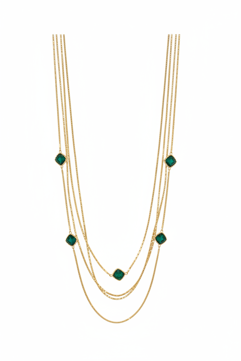 Four Strand Box Chain Green Crystal Station Necklace - White Background