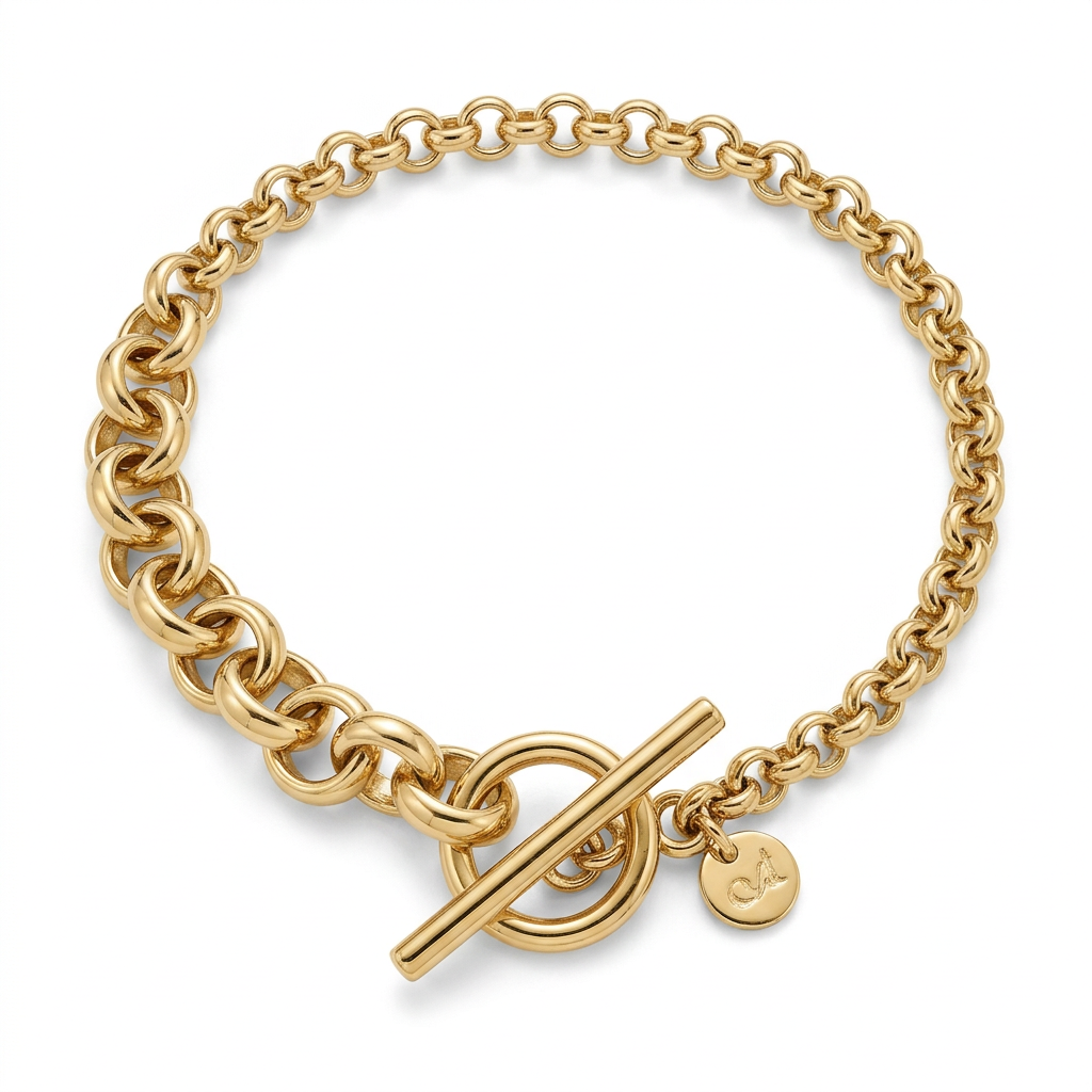 Full yellow-gold rolo bracelet with the toggle bar fastened through the ring