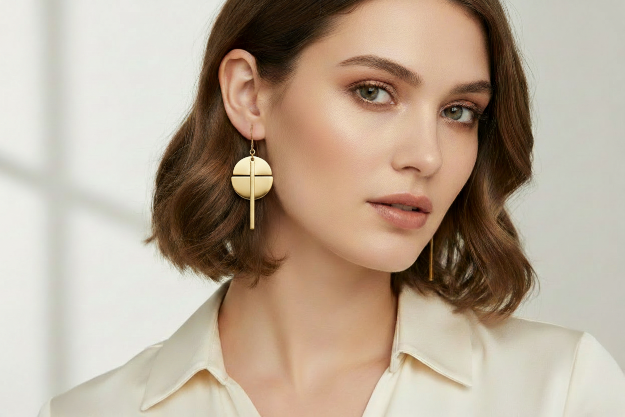 Geometric drop earrings on model - petite size