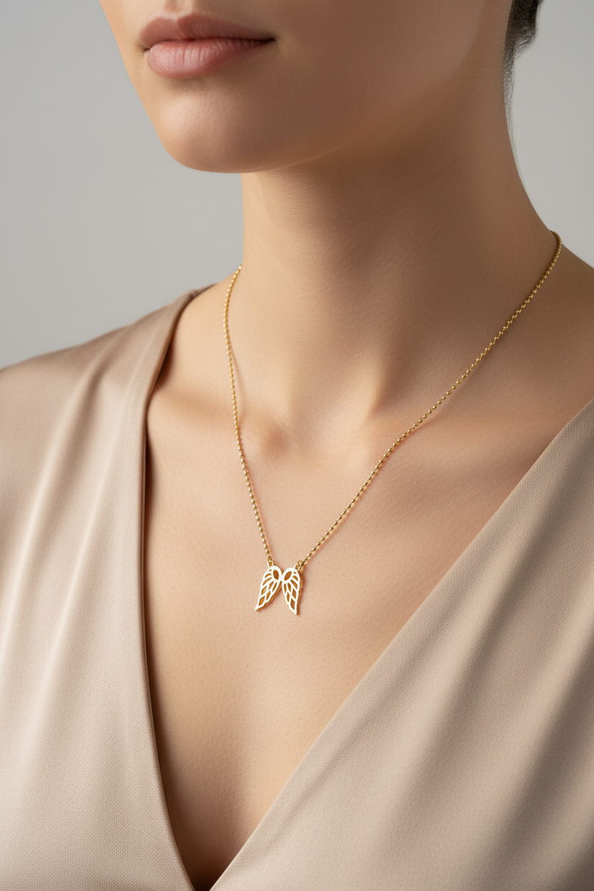 Gold Angel Wings Necklace on Model