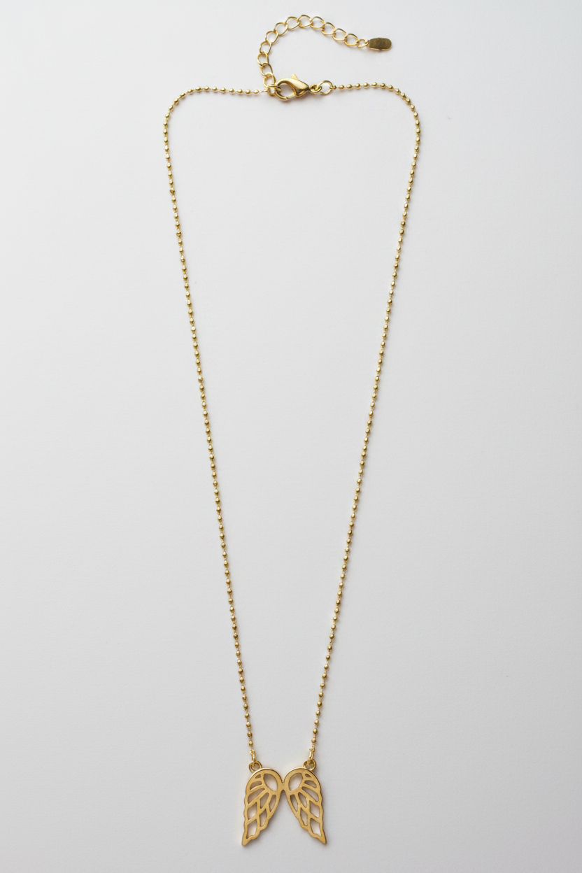 Gold Angel Wings Pendant on Ball Chain - White Background