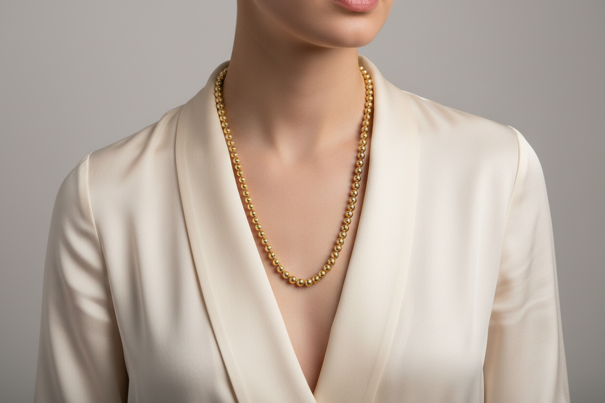 Gold Ball Bead Necklace on Clothed Model