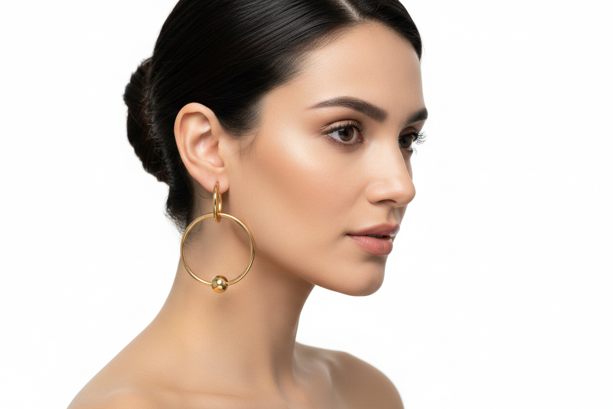 Gold Bead Hoop Earrings on Model