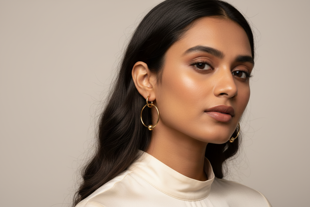 Gold Bead Hoop Earrings on Model
