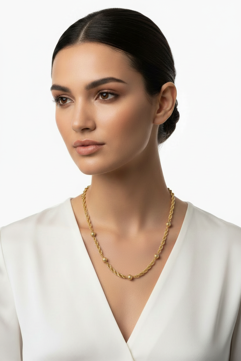 Gold Beads Rope Necklace 24" on Model