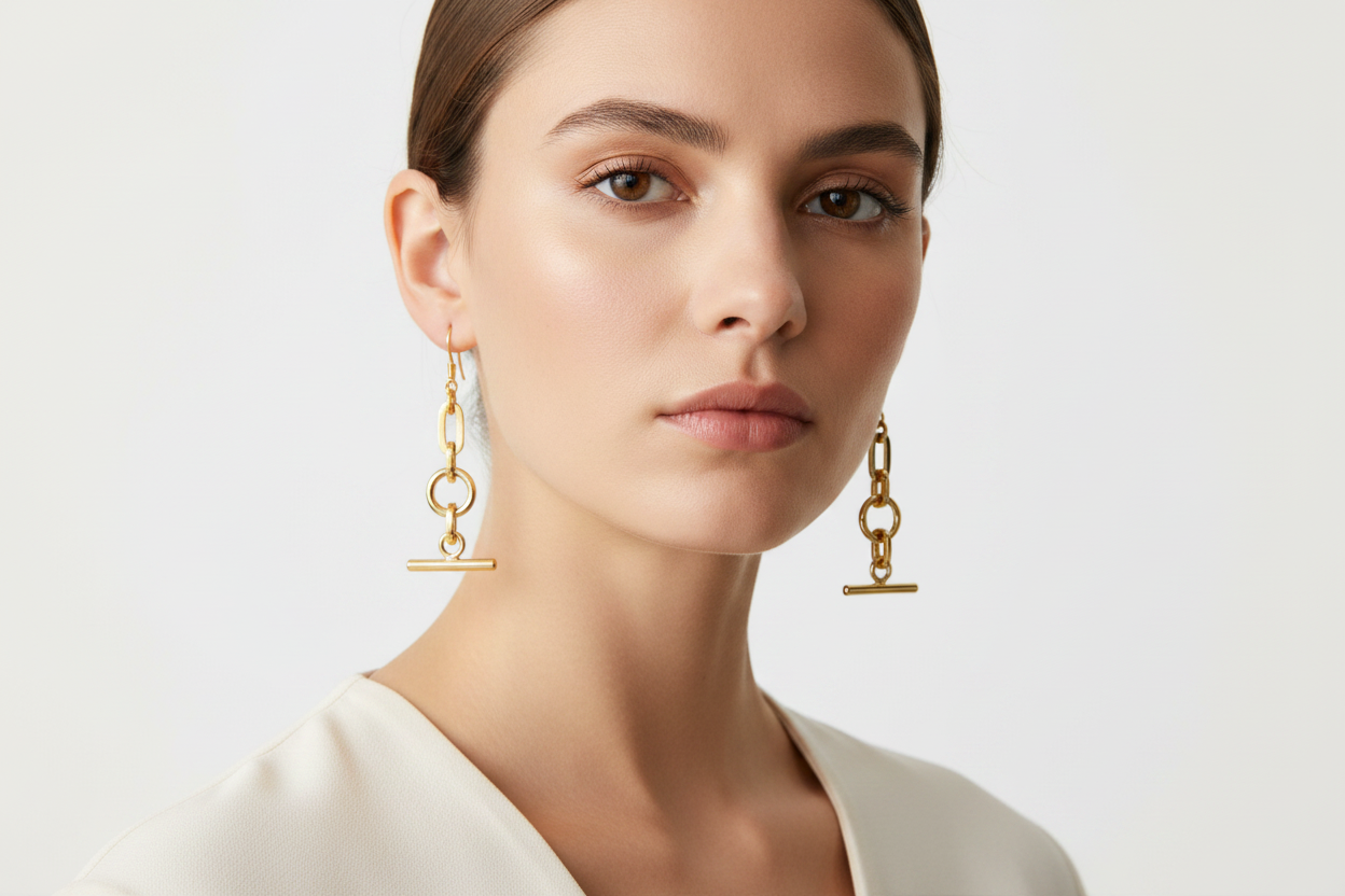 Gold Chain Toggle Drop Earrings on Model