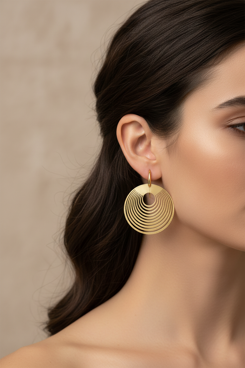 Gold Circular Disc Earrings Lower on Earlobe
