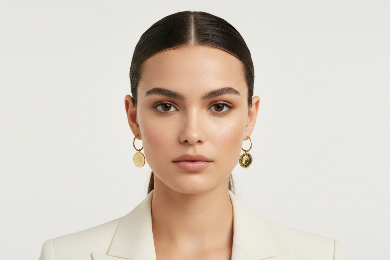 Gold Coin Drop Hoop Earrings on Model