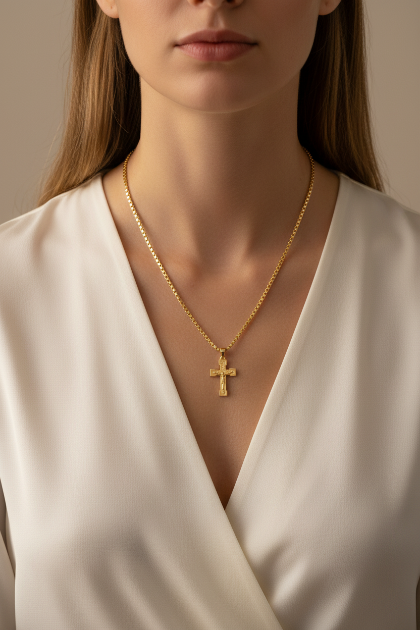 Gold Cross Necklace Larger Gauge on Female Model
