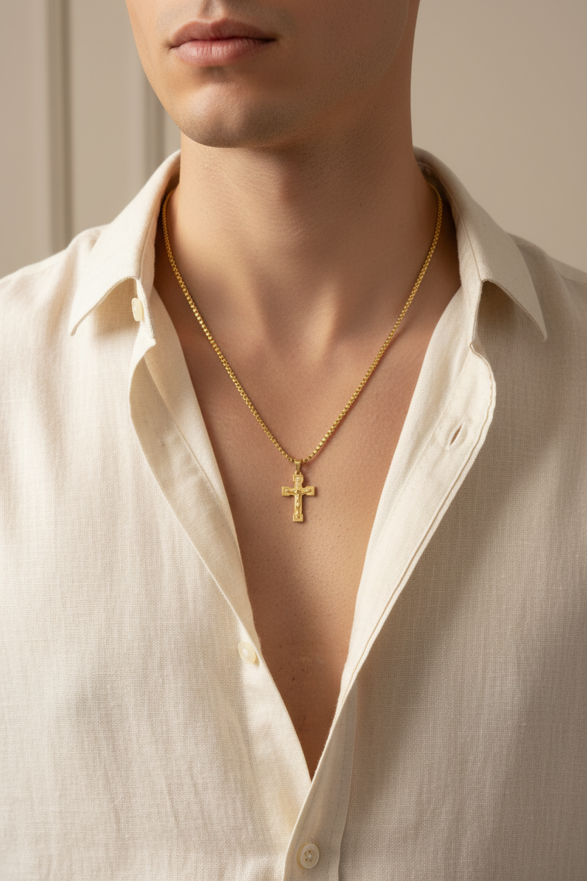Gold Cross Necklace on Styled Male Model