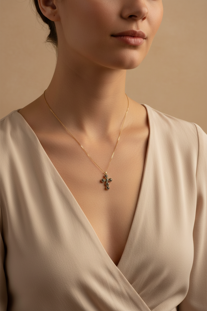 Gold Cross Pendant Necklace on Model