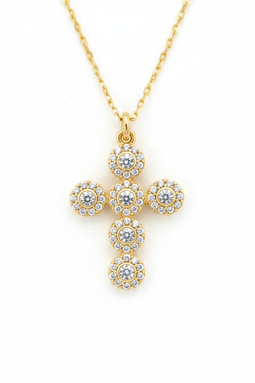 Gold CZ Flower Cluster Cross Pendant - White Background