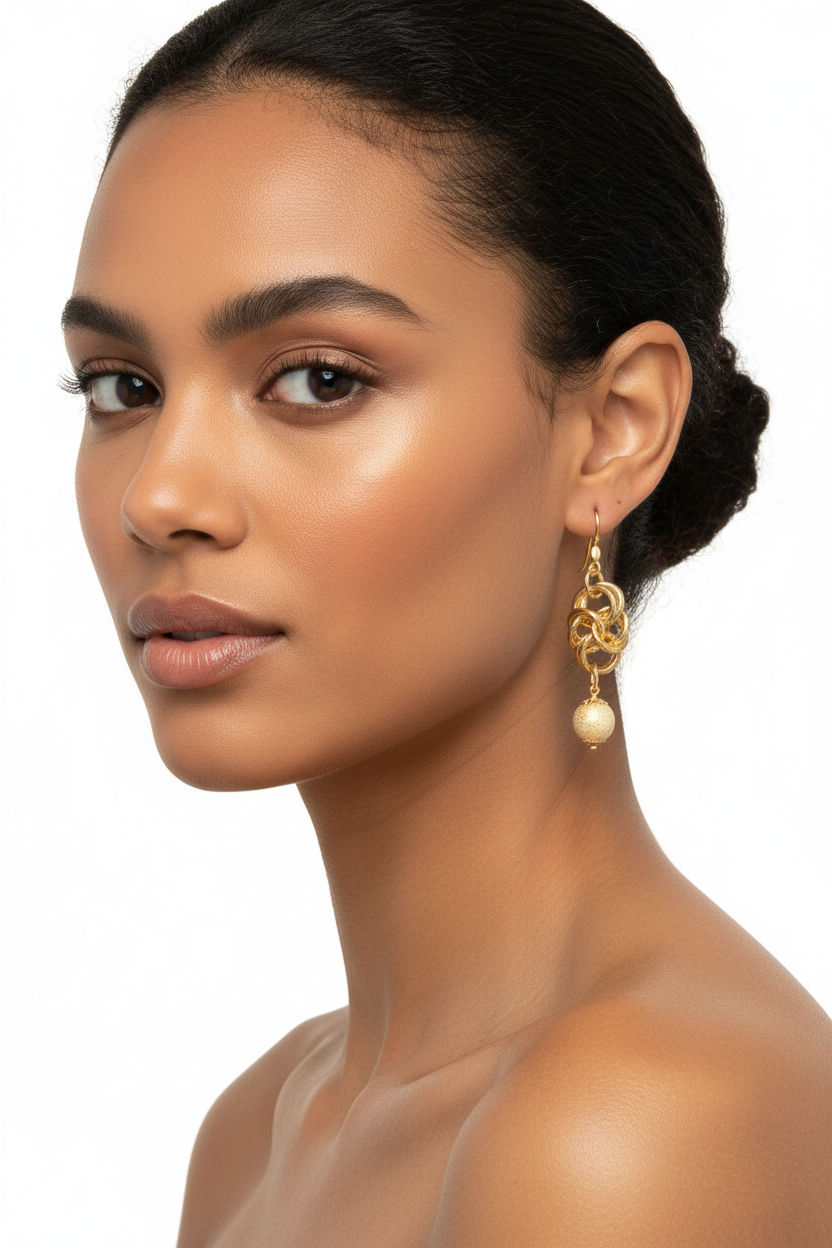 Gold drop earrings with knotted design and bead drops on ethnic model