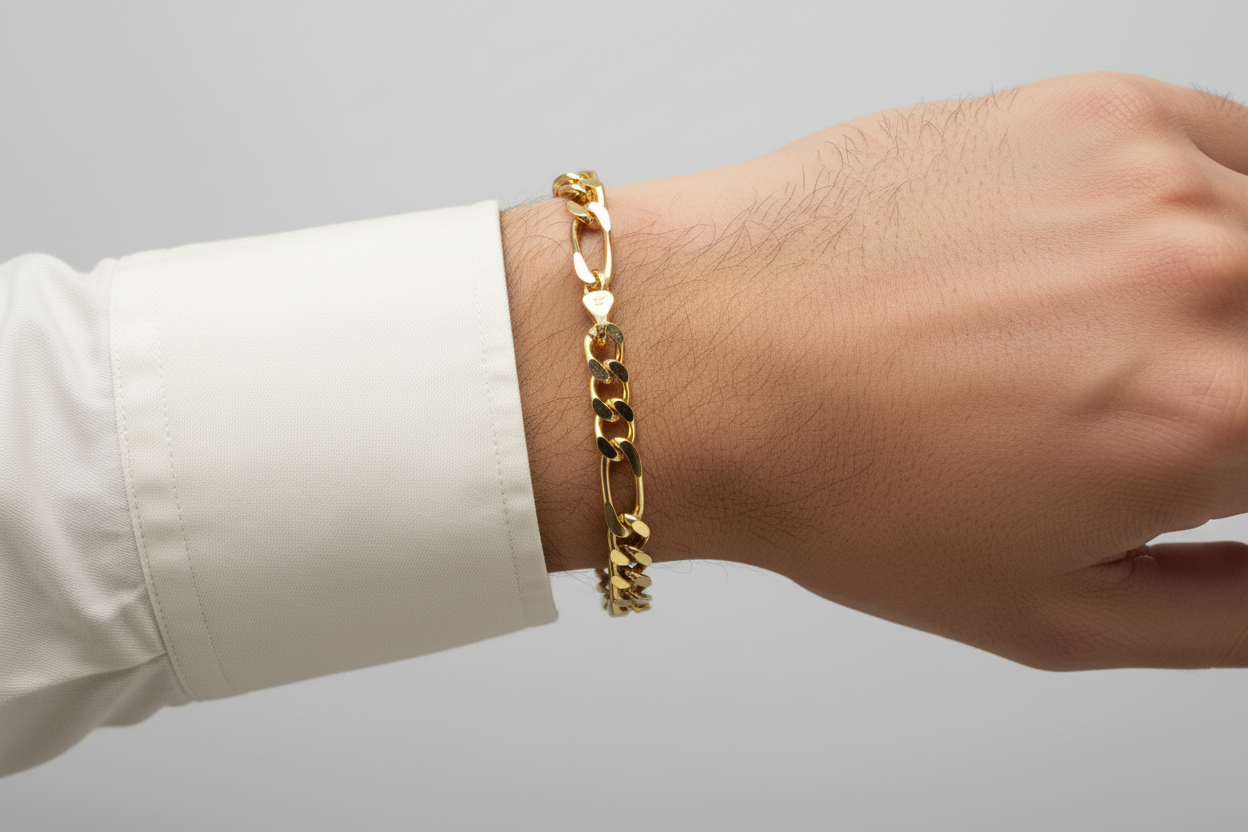 Gold Figaro Chain Bracelet on Male Model