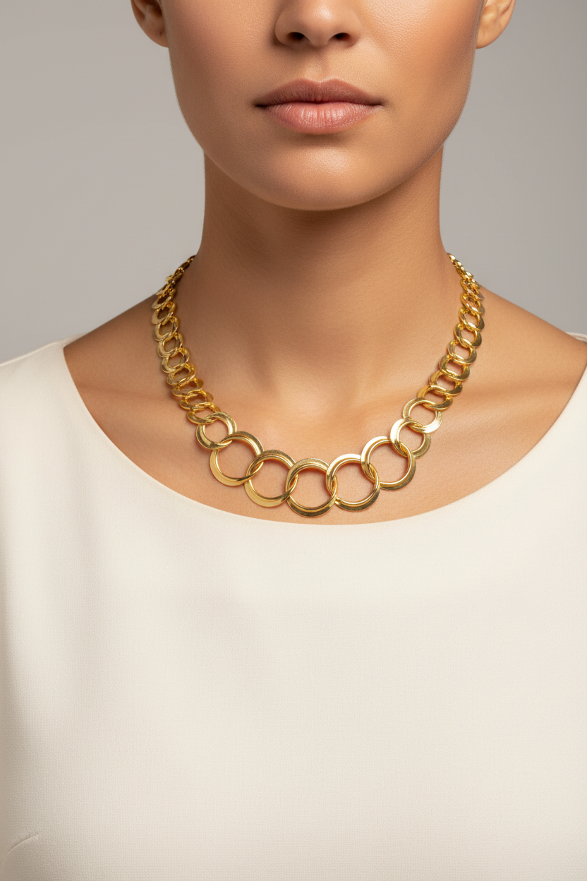 Gold graduated circle link necklace on model