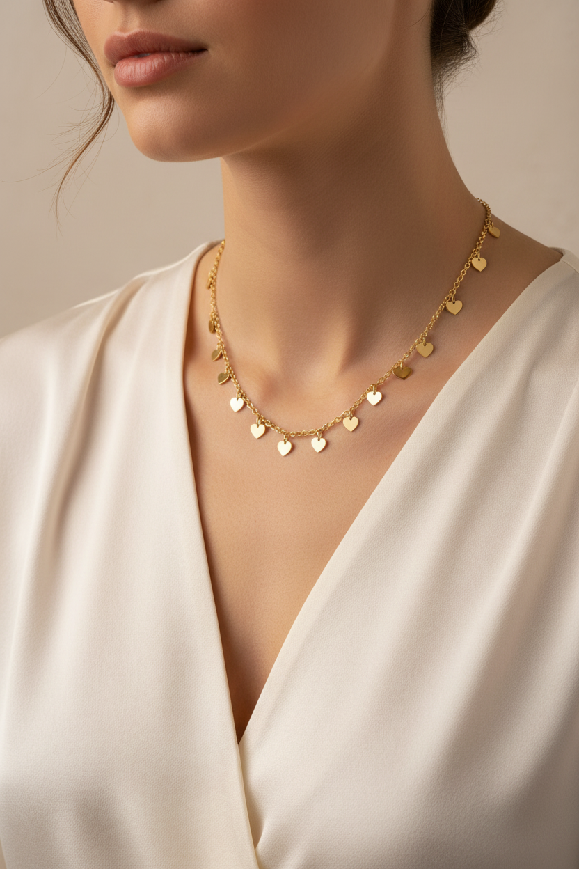 Gold Heart Charm Necklace on Model