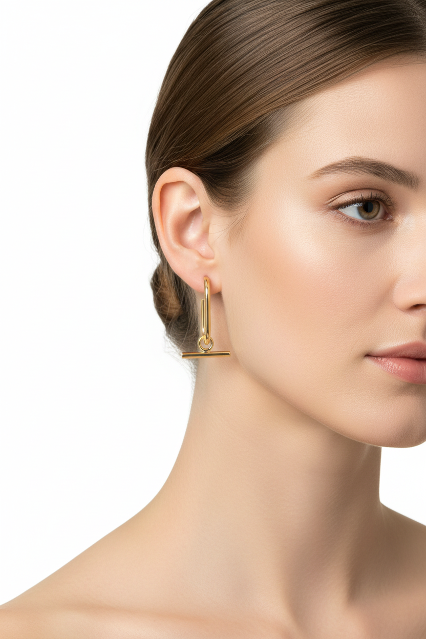 Gold hoop earrings with bar drops on model