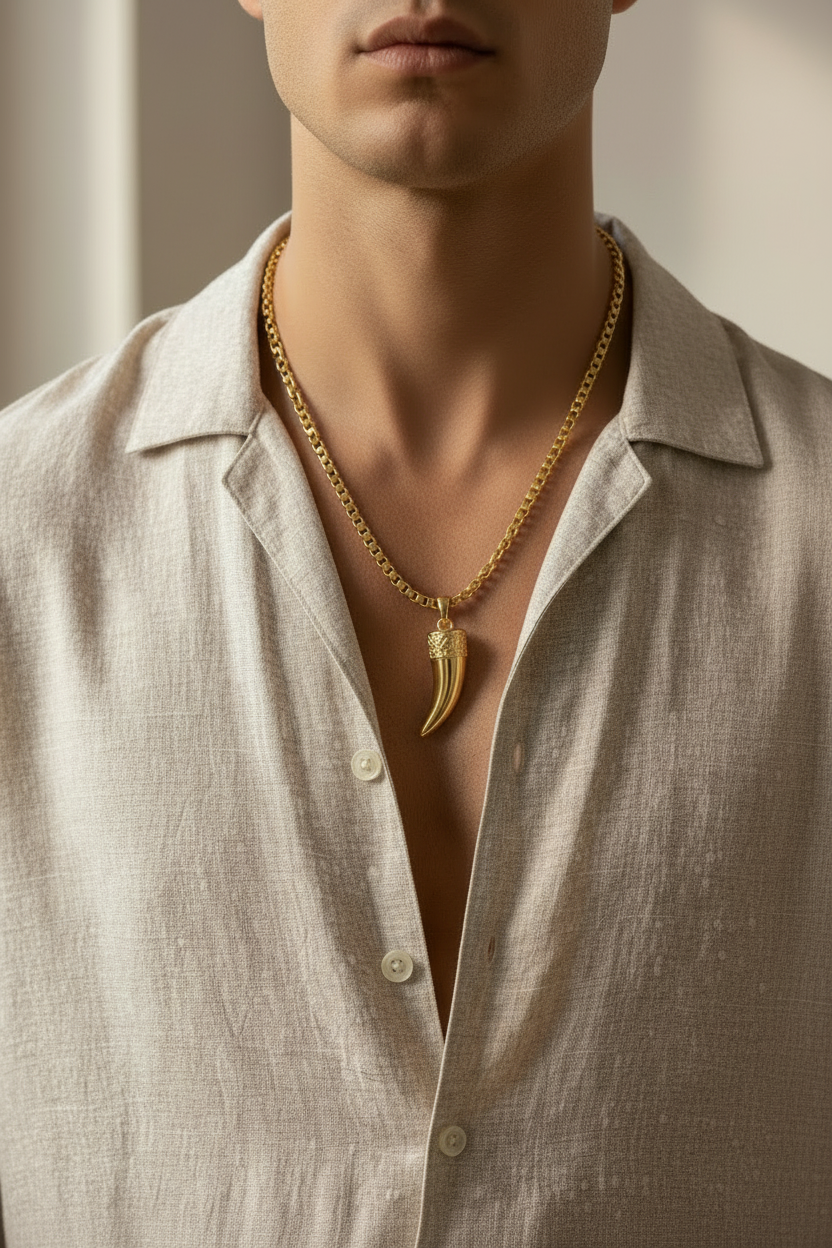 Gold Horn Necklace Medium Gauge on Styled Male Model