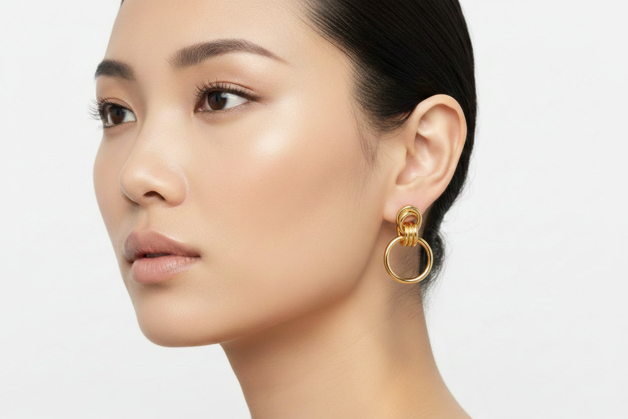Gold Knot Hoop Earrings Smaller on East Asian Model