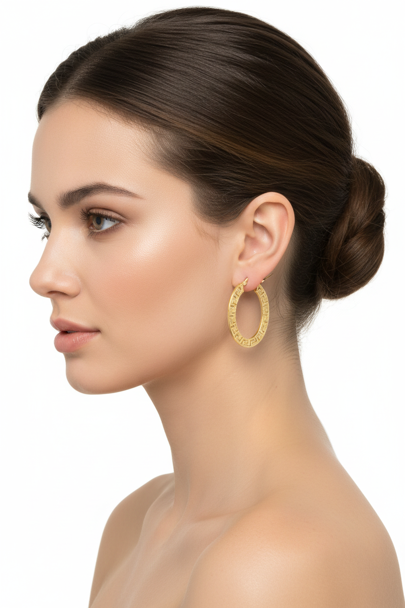 Gold oval Greek key earrings on model - side view