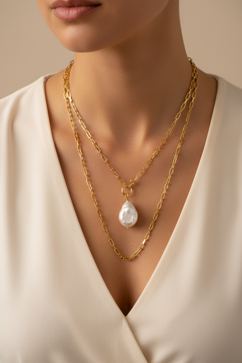 Gold Paperclip Chain Baroque Pearl Necklace on Model